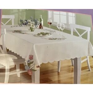 Blossoms & Blooms Easter Cutwork Tablecloth Oblong 60x102 Floral Egg Embroidery